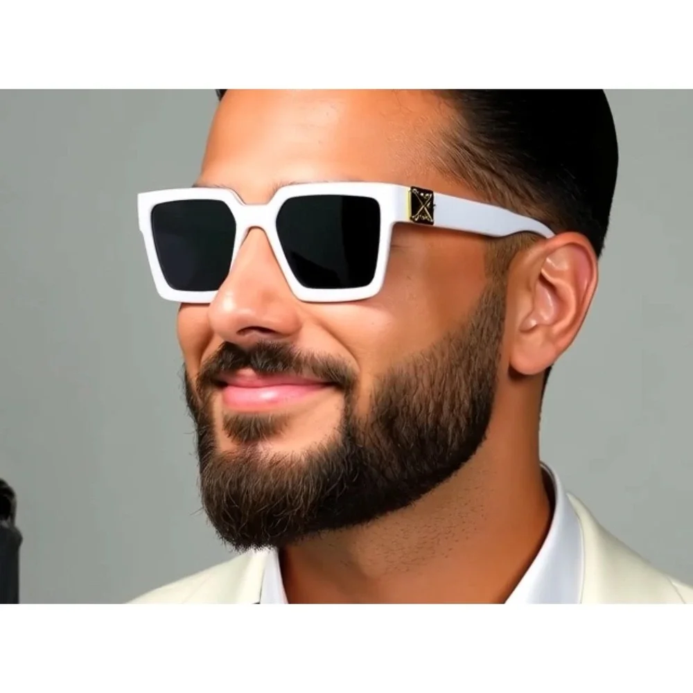 Oversized Square Sunglasses Men‎ White Frame Black Lens Gold Accents Fashion
